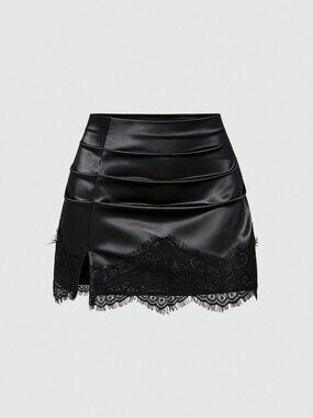 Black Elegant Women's Minimalist Tight Lace Patchwork Short Skirt
